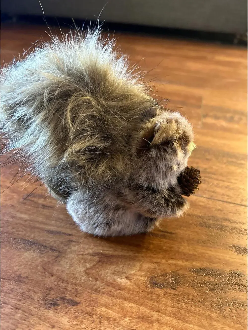 Christmas vintage faux-fur squirrel figurine holding a pinecone